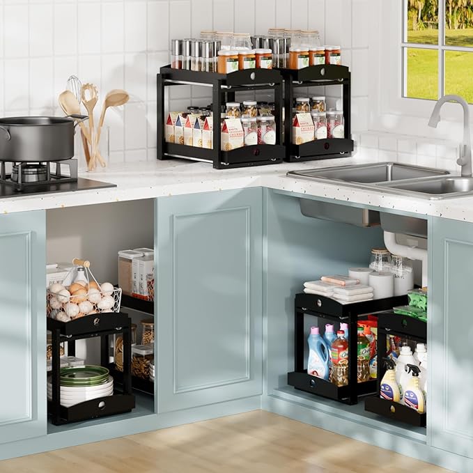 2 Pack Under Sink Organizer, Bamboo Wooden 2-Tier Pull-Out Storage with Sliding Drawers for Kitchen and Bathroom Cabinets, Easy Installation (Black)