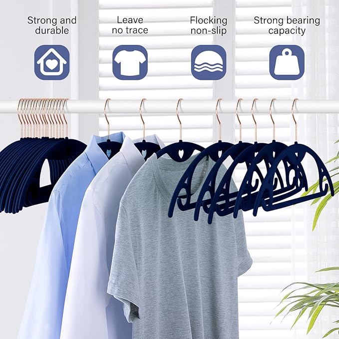 IEOKE Velvet Hangers 50 Pack: Felt Clothes Hangers Heavy Duty Shirt Sweater Hangers No Shoulder Bump Non Slip Slim Thin Coat Hangers for Closet - Blue