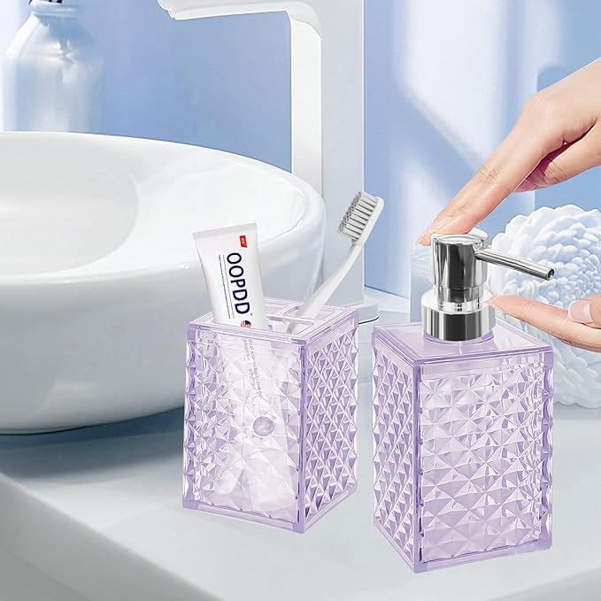 2PCS Lavender Bathroom Accessories. Contain Soap Dispenser and Toothbrush Holder Set. Boho Bathroom Set for Blue Bathroom Décor