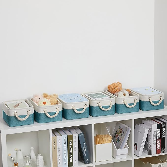 Bidtakay Fabric Baskets for Organizing Closet Set of 6 Small Storage Bins 11.8 X 7.8 X 5 Inches Decorative Storage Baskets for Shelves Foldable Bins for Cube Organizer Rectangular(White&Teal Blue)
