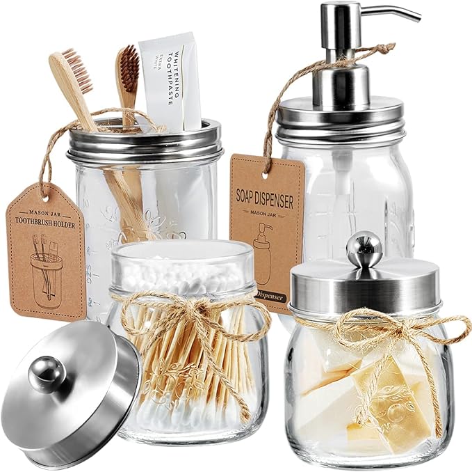 Amolliar Mason Jar Bathroom Accessories Set(4 Pcs) -Lotion Soap Dispenser & 2 Qtip Holder & Toothbrush Holder-Rustic Farmhouse Decor, Countertop Vanity Organize, Bathroom Home Decor (Brushed Nickel)
