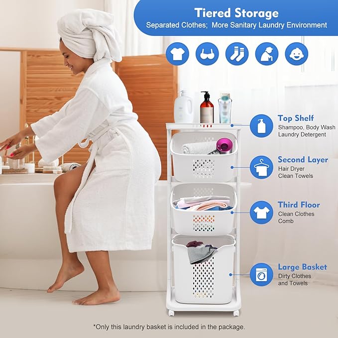 3 Tier Laundry Basket, Bathroom Laundry Basket Multi-layer Clothes Storage Basket 3 Tier Rolling Laundry Hamper with Wheels Freestanding Clothes Basket Organizer for Bathroom Living Room Bedroom