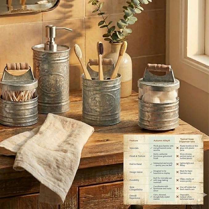 Autumn Alley Rustic Bathroom Accessories Set 4 - Galvanized Soap Dispenser, Rustic Toothbrush Holder, 2 Apothecary Jars Qtip Holder - Western Bathroom Decor – Farmhouse Bathroom Decor Accessories