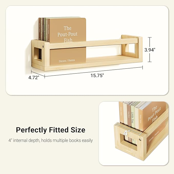 Upgraded Thick Floating Shelves - Multi-Use Wall-Mounted Bookshelves for Kids and Nursery, Ideal for Books, Toys, Spice Rack, Decor - NaturalWood