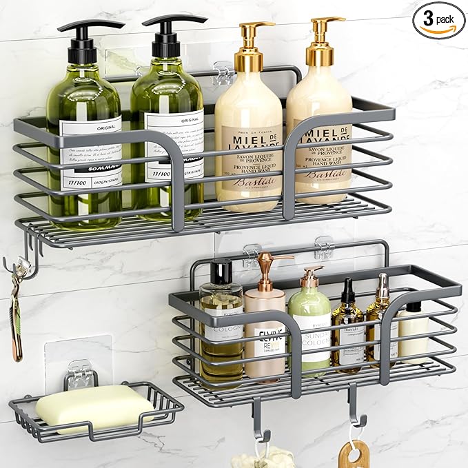 Yougai Shower Caddy, Shower Organizer with Soap Holder and Hooks, Rustproof Shower Shelves, No Drilling Bathroom Organizers and Storage, Wall-Mounted Kitchen & Home Decor (Dark Gray)