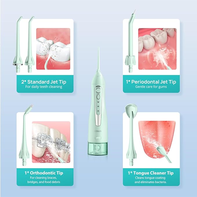 COSLUS Water Dental Flosser Teeth Pick C20(F5020E): Portable Cordless Oral Irrigator 300ML Rechargeable Travel Irrigation Cleaner IPX7 Waterproof Electric Flossing Machine for Teeth Cleaning, Green
