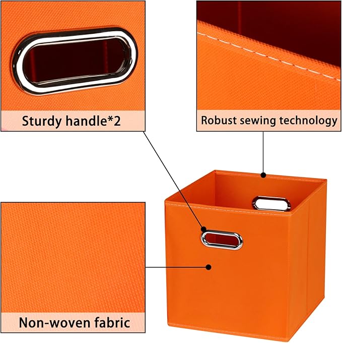 Fabric storage bins Cubes, Fabric Cube Organizer with Handle, Foldable Cube Bins for Cloth or Accessary Storage, 11x11x11, Set of 6, (Orange)