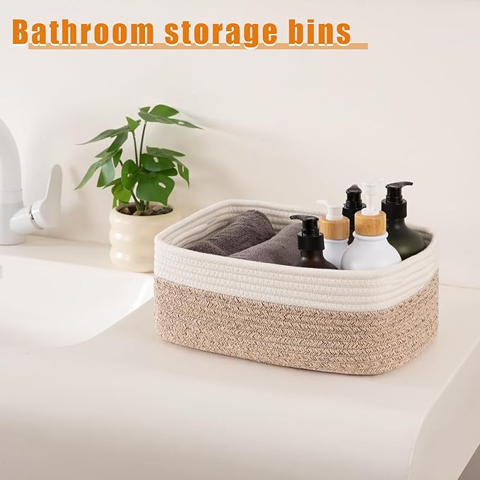 OIAHOMY 4 Pack Storage Baskets for Organizing, Small Bins for Shelves, Cute Decorative Storage Bins, Organizer Baskets for Gifts Empty, 14.2''Lx11''Wx6.3''H, Brown/White