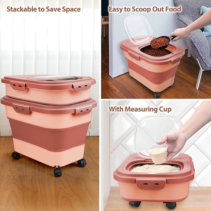 Dog Food Storage Container, 10-20Lbs Collapsible Pet Food Storage Containers with Rolling Wheel Airtight Locking Lid, Dry Food Storage Bin with Cup and Scoop,Suitable for Pet Food, Rice, Flour