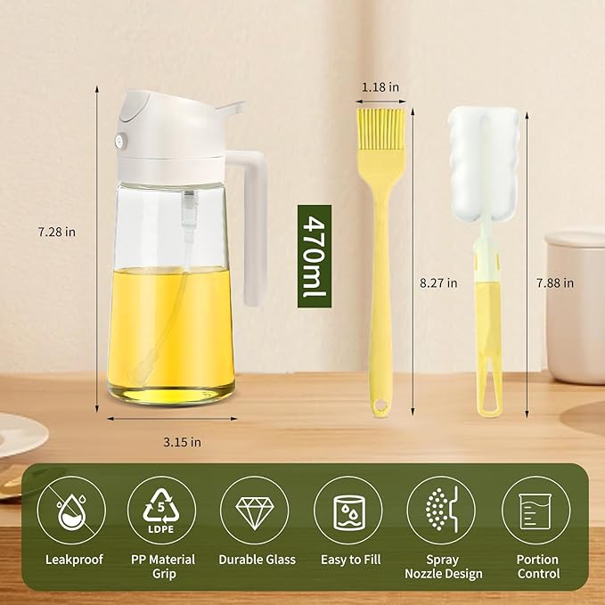 2pcs Oil Sprayer for Cooking, 16oz/470ml Oil Dispenser for Kitchen, 2 in 1 Olive Oil Dispenser Bottle for Kitchen Gadgets, Air Fryer, Salad, BBQ (Ivory, Green)