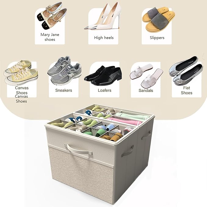 2 Pack Shoe Organizer for Closet, Clear Foldable Shoe Storage Containers Fits 14 Pairs,Shoe Storage Bins Baskets Boxes with Reinforced Handles Beige Shoes Organize