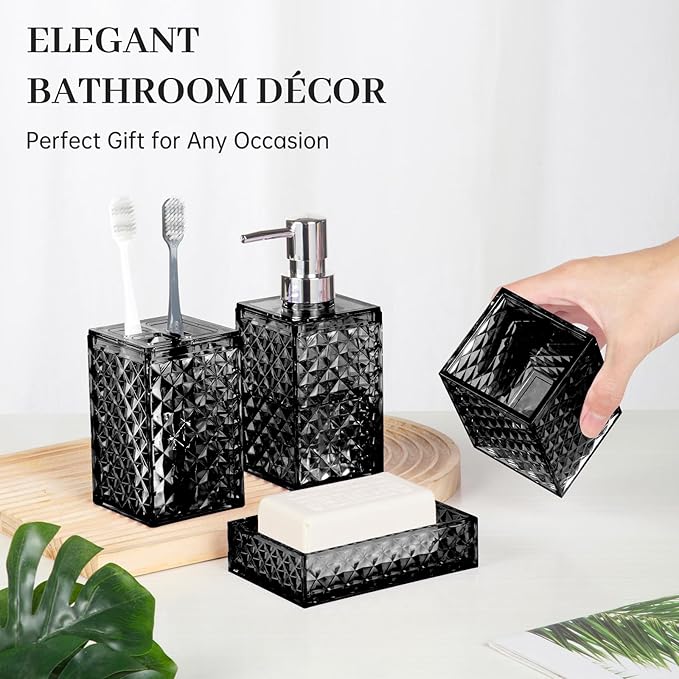 Bathroom Accessory Set, Grid Pattern 4 Pcs Plastic Bathroom Set Include Soap Dispenser, Soap Dish, Toothbrush Holder, Mousewash Cup, Modern Bahtroom Décor Set, Space Save for Bathroom(Black)