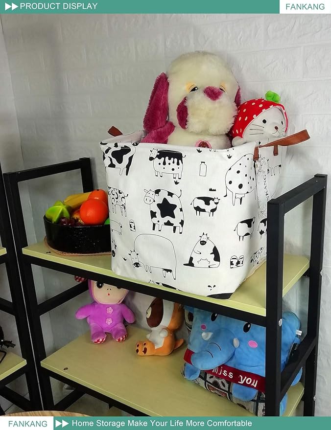 FANKANG Square Nursery Hamper Storage Bins Canvas Laundry Basket Foldable with Waterproof PE Coating Storage Baskets Gift Baskets for Children, Office, Bedroom, Clothes（Square-Cows ）