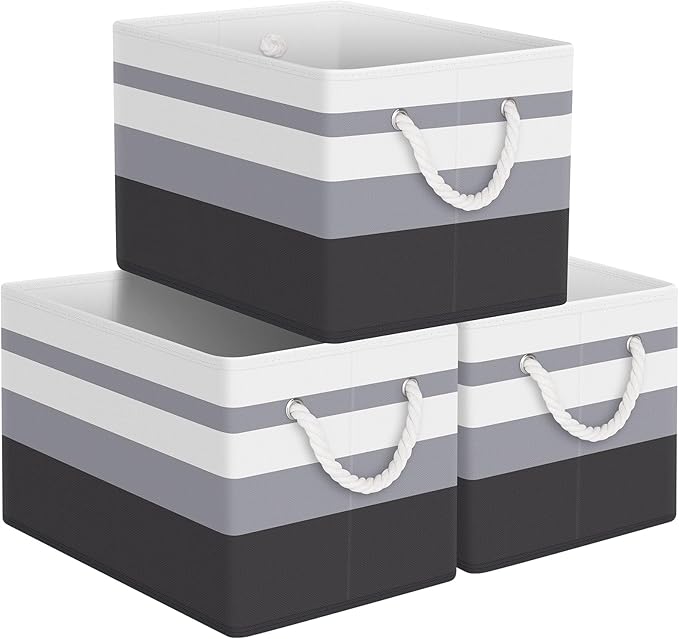 Storage Bin,Collapsible Storage Basket For Organizing,Large Storage Boxes With Rope Handles,Storage Containers,Gradient Grey,3 Pack