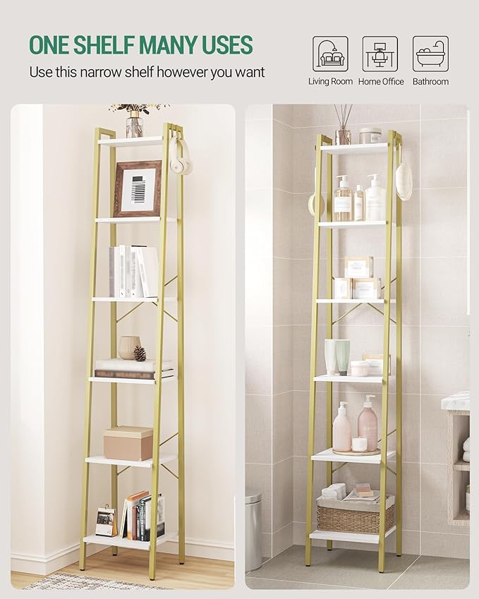Ladder Shelf, Bookshelf Bookcase, Freestanding Corner Storage Shelve with 2 Hooks for Home Office, Living Room, Kitchen, Bedroom, Industrial, 11.8" D x 13.4" W x 72.8" H,White Gold BC13313G