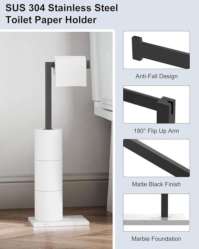 HOMEMYSTIQUE Free Standing Toilet Paper Holder Stand Matte Black SUS 304 Stainless Steel Rustproof 22" Rotating Bathroom Tissue Roll Holder for 4 Rolls with Marble Base