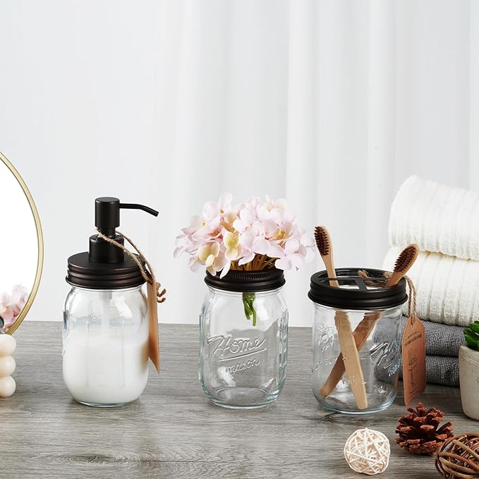 SheeChung Mason Jar Bathroom Accessories Set, 2Pcs Glass Bathroom Accessory Set, Soap Dispenser, Toothbrush Holder, Bathroom Decor, Rustic Farmhouse Decor - Bronze
