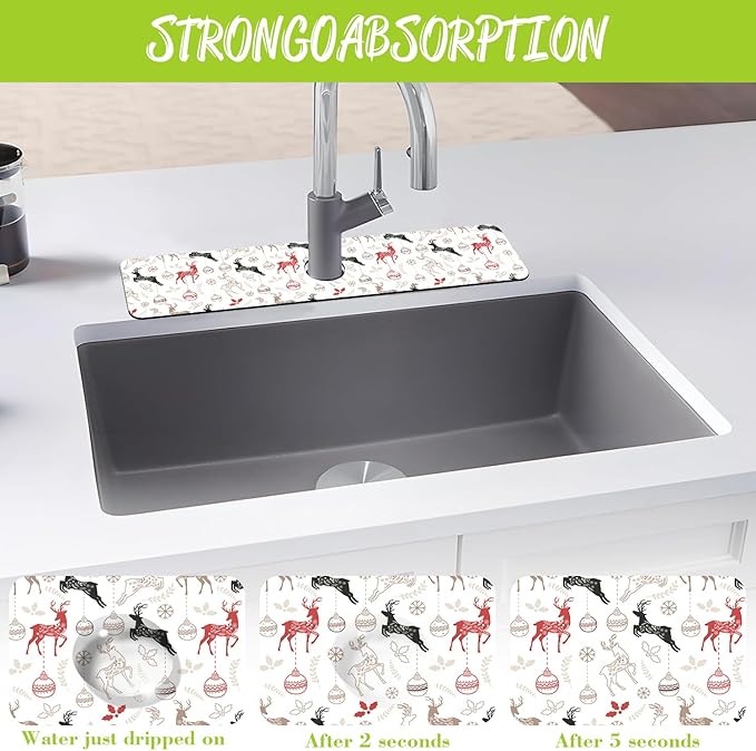 Chrismas Sink Faucet Absorbing Mat Christmas Sink Splash Guard Drying Mat for Kitchen Bathroom Faucet Sinkmat 23.5"X5.5"
