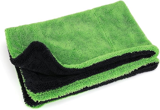 1200GSM Microfiber Car Drying Towel, Double-Twist Loop, Ultra-Absorbent, Quick-Dry, Lint- & Streak-Free, Scratch-Safe, for Car Wash & Detailing (1 Pack) (Dark Grey & Green, 16" x 24")