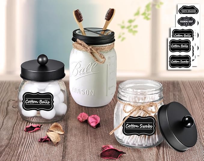 Mason Jar Bathroom Accessories Set(4pcs)-Jars Not Included - Foaming Soap Dispenser and Apothecary Jars Lids for Regular Mouth jar, Wide Mouth Toothbrush Holder lid, Farmhouse Decor-Black