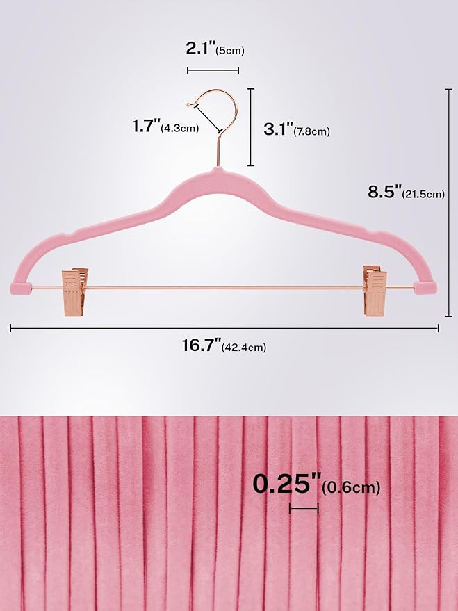 HOUSE DAY Velvet Skirt Hangers 24 Pack, Non Slip Pants Hangers with Rose Gold Clips, Ultra Thin Velvet Hanger Space Saving, Heavy-Duty Clothes Hanger for Trouser, Jeans, Dresses, Coats (Pink)