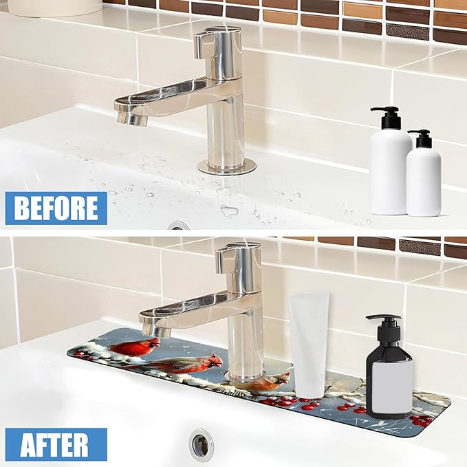 Chrismas Sink Splash Guard Faucet Mat Welcome Winter Absorbent Fast Drying Mat Sink Gadgets Splash Guard Behind Faucet Drip Catcher for Kitchen Bathroom 23.5"X5.5"