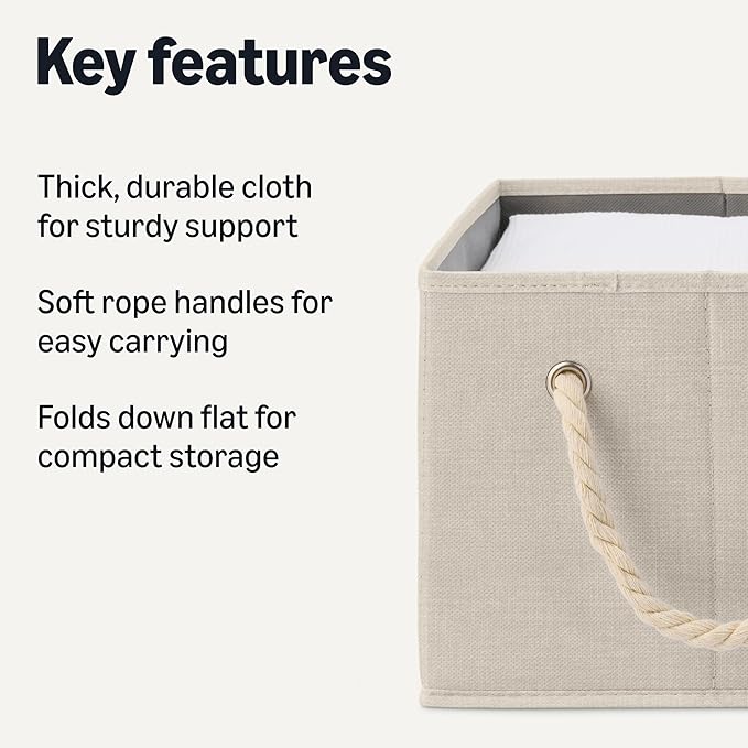 Amazon Basics Foldable Storage Bins with Rope Handles, Closet Organizers, Large, Linen, 3-Pack