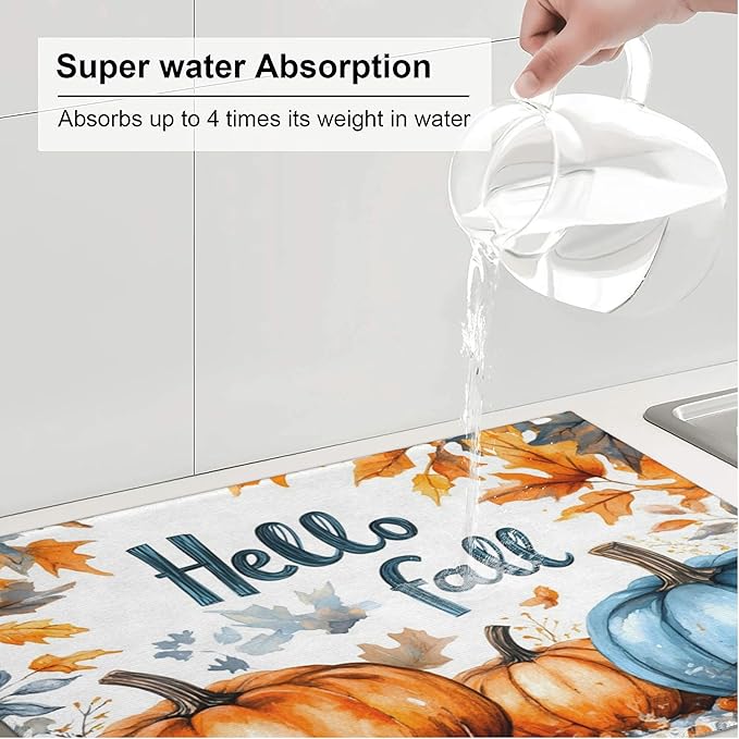 3Pcs Pumpkin Dish Drying Mat & Kitchen Sink Splash Guard Faucet Mat For Kitchen Counter,Hello Fall Absorbent Microfiber Dishes Pad Dish Drainer Rack Mats Fast Dry Kitchen Accessories