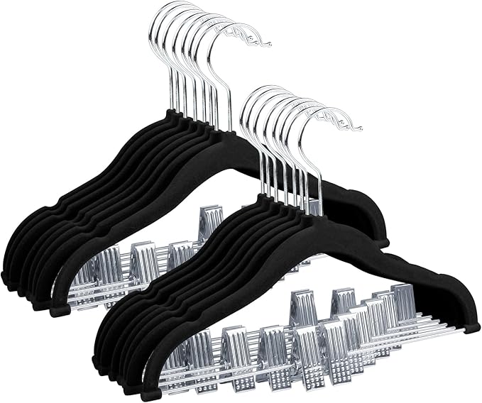 ManGotree 11.8'' Baby Velvet Hangers with Movable Clips, Non-Slip Kids Clothes Hangers, Ultra-Thin Space-Saving Children's Felt Hangers for Shirts, Pants, Dresses, Skirts, Jackets (16 Pack, Black)