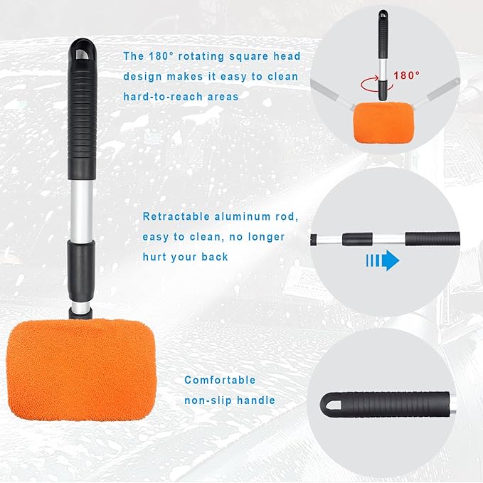 Ziciner Car Windshield Cleaner, Microfiber Auto Cleaning Wiper with Aluminum Extendable Handle and 2 Washable Reusable Cloth Pad Head, Vehicle Interior Exterior Cleaner Kit (Orange-Rectangle)
