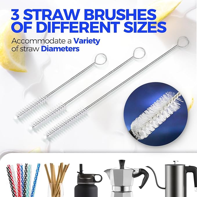 Holikme Bottle Brush Cleaner Set, 14" Long Handle Stainless Steel Bottle Cleaner Brush, 3 Straw Cleaner Brush, Bottle Cleaning Brush for Water Bottle, Cups, Abrasive Flat End Brushes, Straws Blue