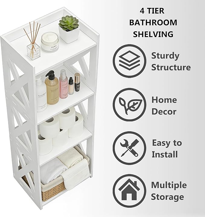 Small Bathroom Storage Corner Shelf, Waterproof PVC Narrow Floor Stand, Slim Gap Filler Organizer for Toilet Side, Laundry Room, Shower, Kitchen Spice Rack, White Restroom Holder (4-Tier)