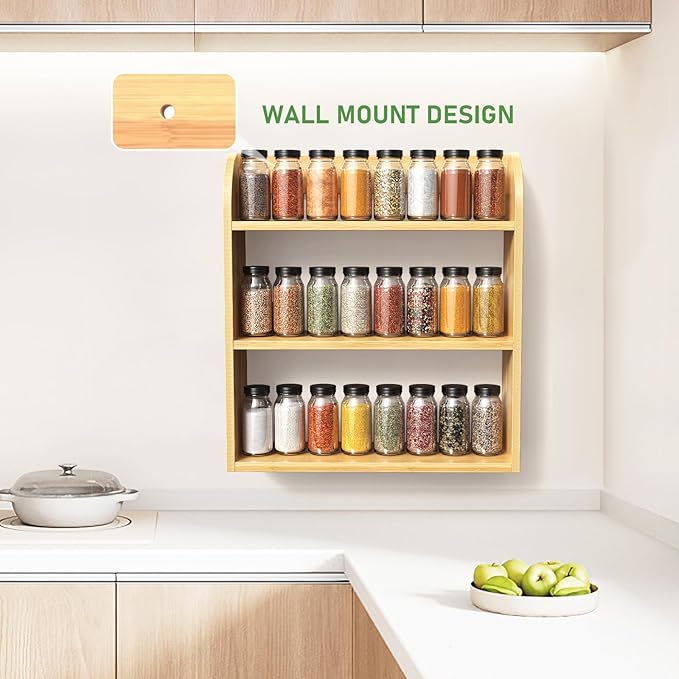 3 Tier Bamboo Spice Rack, Countertop or Wall Mounting Wood Spice Jars Organizer Shelf for Kitche, Pantry (Natural)