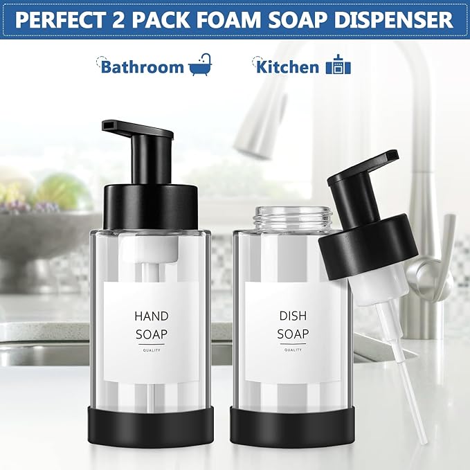 Foaming Soap Dispenser, 10 oz/300ml Foaming Hand Soap Dispenser, 2 Pack Glass Dispenser with 2 Non-Slip Silicone Bottom Sleeve, Refillable Foam Dispenser for Bathroom & Kitchen