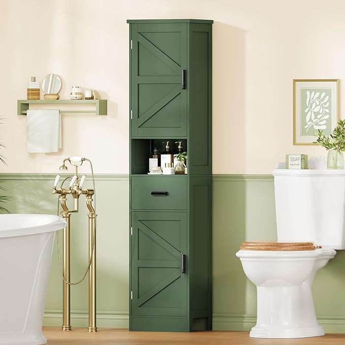 TEENFON 67" H Tall Bathroom Storage Cabinet with Barn Doors and Drawer, Narrow Bathroom Cabinet, Narrow Storage Unit, Adjustable Shelves, Floor Cabinets for Living Room, Forest Green UNSNG091V