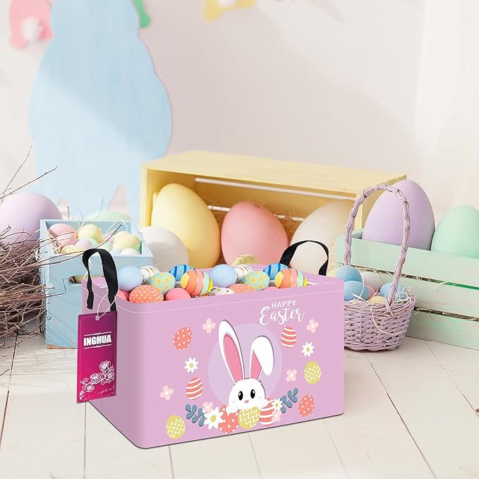 Rectangular Storage Basket Fabric Organizer Bin for Toys,Books,Clothes,Gifts,Pets-Perfect for Home,Office,Nursery,Dorm,Shelf(Rec-Easter rabbit)