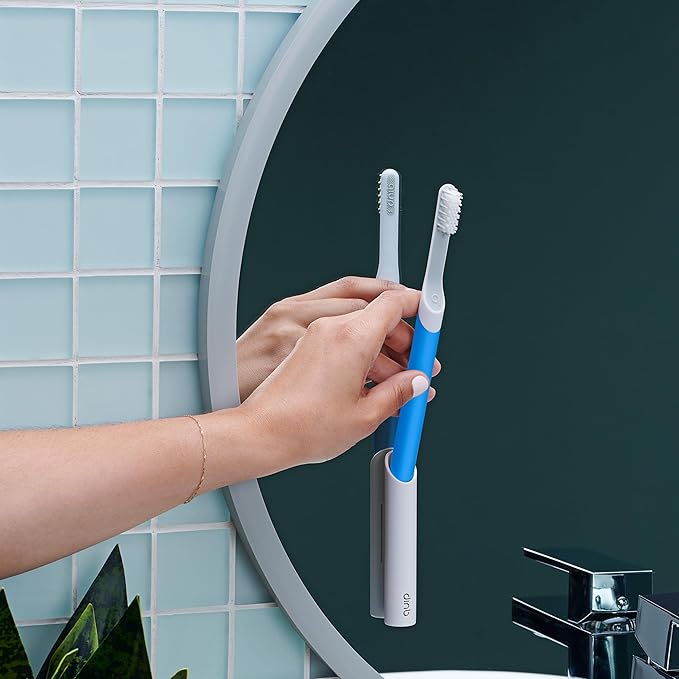 Quip Sonic Electric Toothbrush for Adults - Time Travel & Soft Bristles with Travel Case & Replacement Brush Head - 3 Month Battery Life, Plastic Handle - Blue
