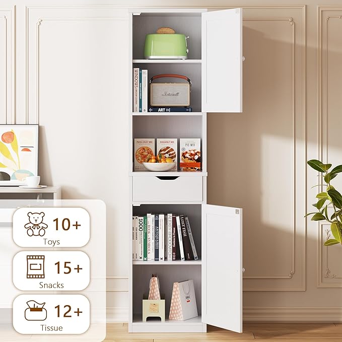 Walsunny Tall Bathroom Storage Cabinet with Freestanding Adjustable Shelves, Narrow Storage Linen Cabinet with 2 Doors and 1 Drawer for Bathroom, Living Room, Kitchen(White)