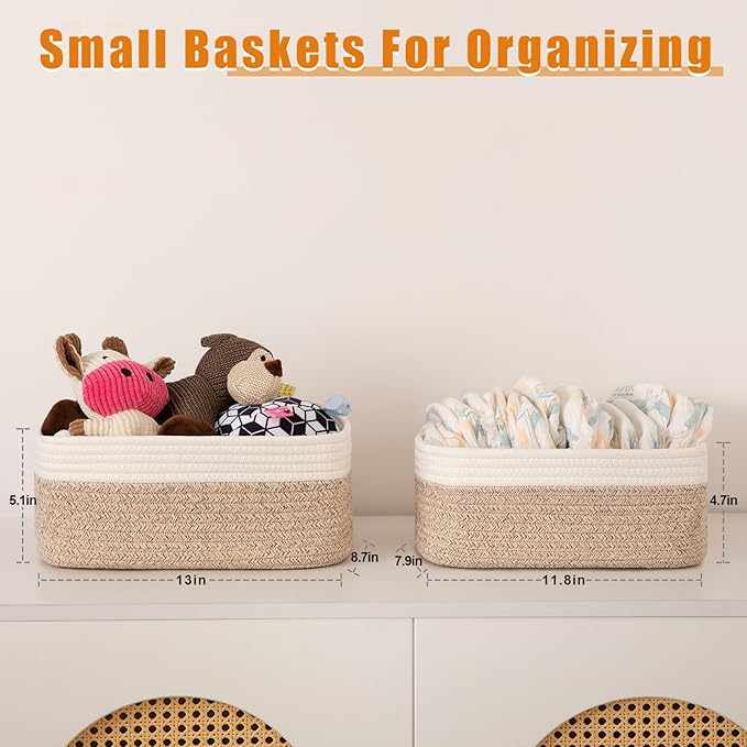 OIAHOMY 4 Pack Storage Baskets for Organizing, Small Bins for Shelves, Cute Decorative Storage Bins, Organizer Baskets for Gifts Empty,13''Lx8.7''Wx5.1''H, Brown/White
