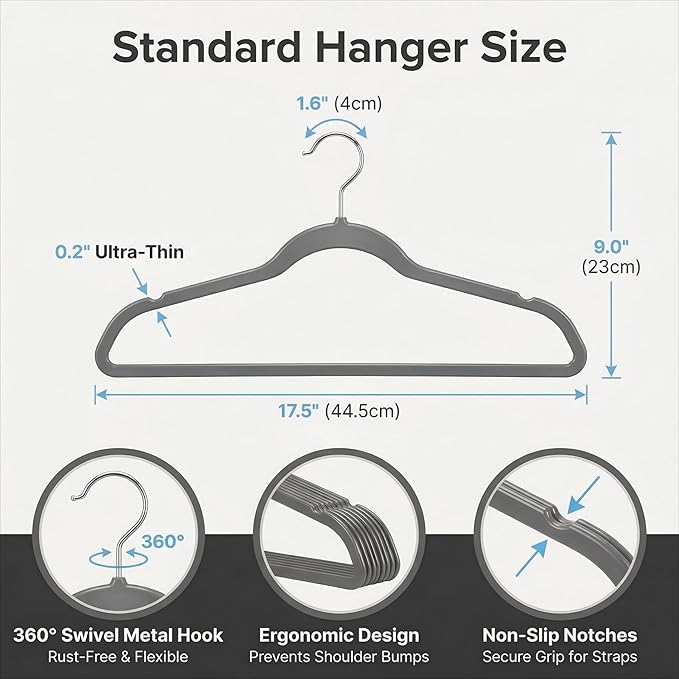 HOUSE DAY Grey Plastic Hangers 50 Pack - Heavy Duty Non-Velvet Hangers with 360° Swivel Hook & Non Slip Notches - Slim Space Saving Clothes Hangers, Durable Closet Organizers for Coats Shirts Dresses