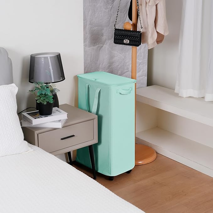 Slim Laundry Hamper with Lid and Wheels, Small Rolling Laundry Basket with Handle for Small Spaces, Tall Dirty Clothes Hampers for Dorm, Bathroom and Bedroom, 75L, Light Blue