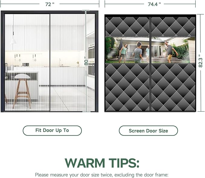 Magnetic Thermal Insulated Door Curtain with Visible Windows, Thicken Polyester Fiberfill & Durable Oxford Fabric, Hands Free Windproof Door Screen, Fit Doors Size Up to 72 x 80 Inch, Black