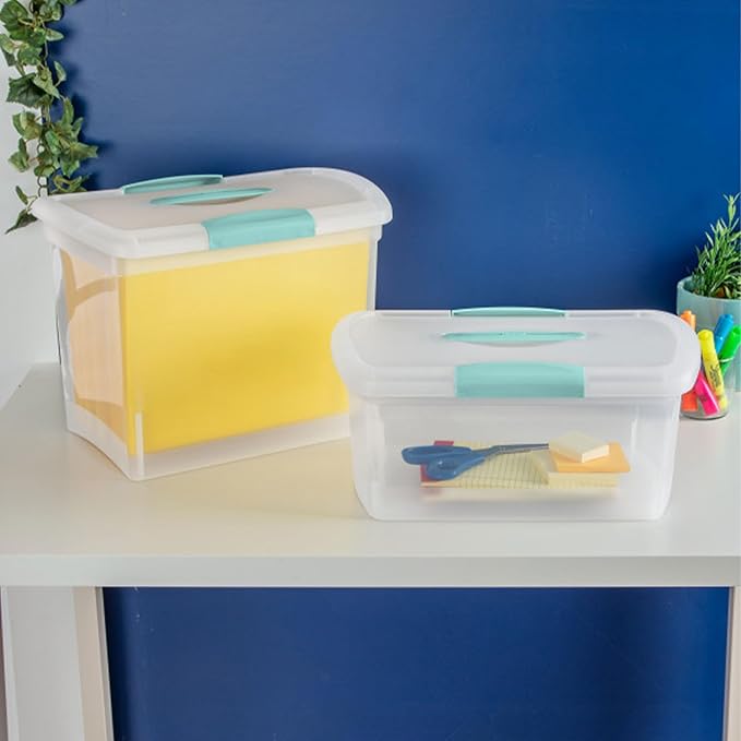 Sterilite Large Nesting ShowOffs Stackable Storage Bin, Latching Organizer Tote with Handle, Plastic Box for File Organization, Clear, 12-Pack