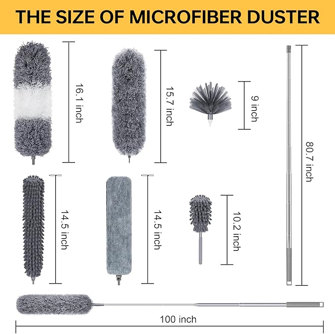 Dusters for Cleaning, 7Pcs Microfiber Duster with Extension Pole Up to 100Inches, Machine Washable Ceiling Fan Cleaner Duster for Cleaning Cobweb, Blinds, Furniture
