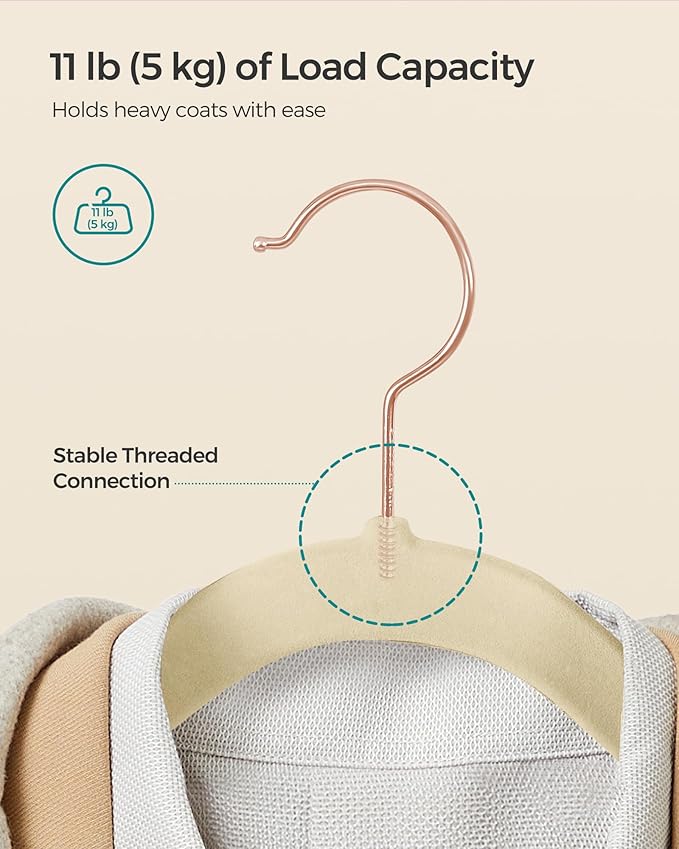 SONGMICS Slim Velvet Hangers, Non-Slip Clothes Hangers with Rose Gold Swivel Hooks, Space-Saving, for Closet, 50 Pack, Sandy Beig UCRF026K50