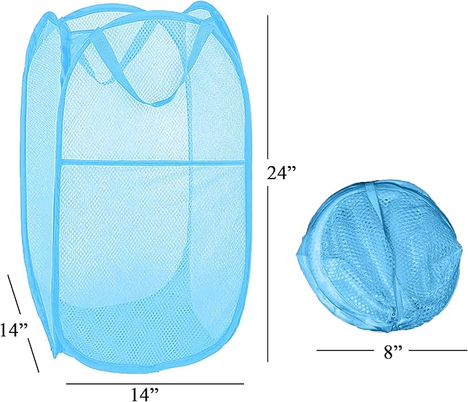 Mesh Laundry Hamper, Pop Up Laundry Basket Portable Collapsible Clothes Storage Bin for Bedroom, College Dormitory, Apartment, Foldable Clothes Hamper, Sky Blue