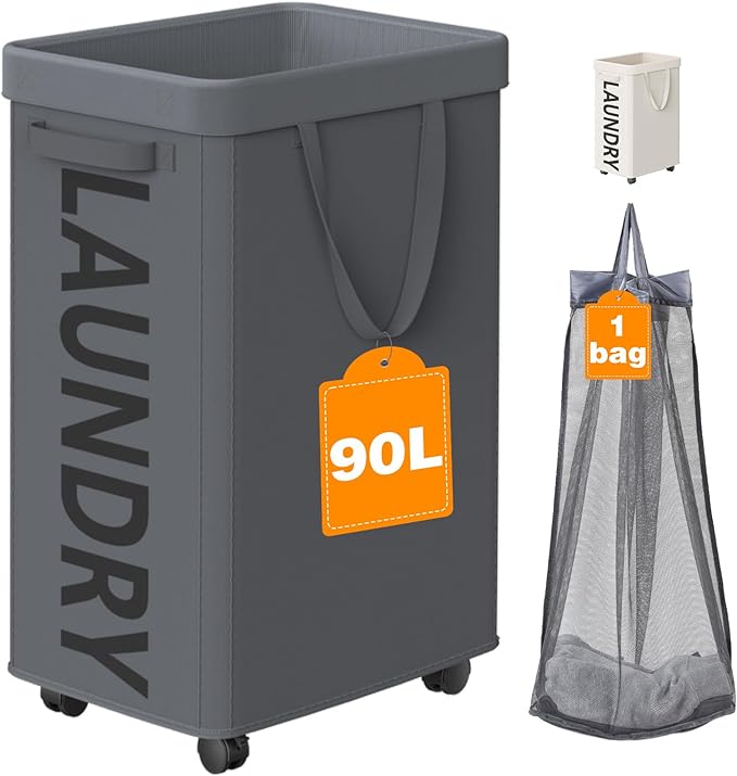 Laundry Basket with Wheels, 90L Rolling Laundry Hamper with Wheels, Large Clothes Hamper on Wheel with Removable Mesh Bag for Bedroom, Bathroom, Dorm, Grey