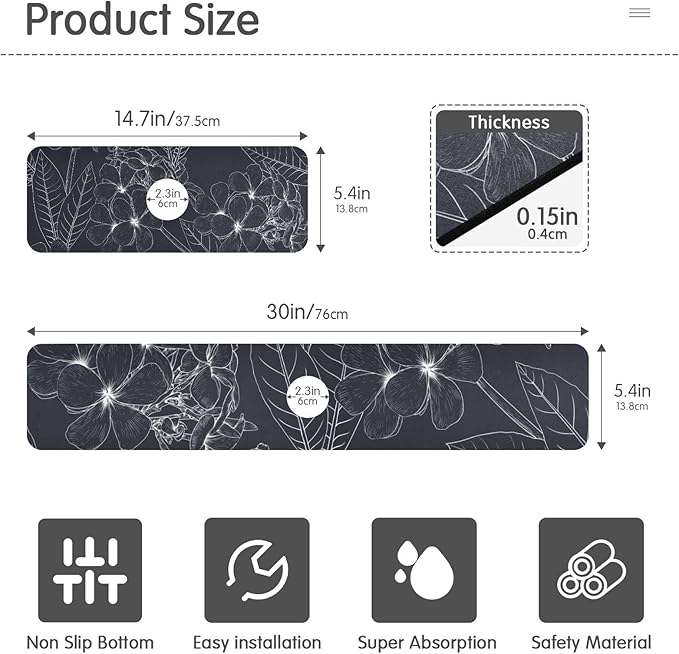 Kitchen Sink Splash Guard Sink Faucet Mat Faucet Handle Drip Catcher Drain Mats for Kitchen Bathroom Countertop Absorbent Dish Drying Mat Pad 2pack 14.7x5.4Inch Black White Floral