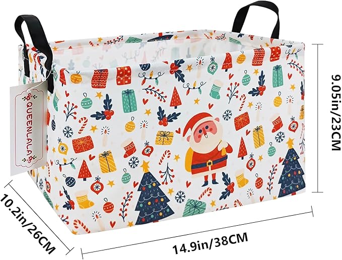 QUEENLALA Rectangular Laundry Hamper/Foldable Nursery Laundry Basket for Organizing/Storage Bin Baskets/Children Toy Office Bedroom/Toy Bin Closet Shelf Baskets（Rec-Father Christmas）