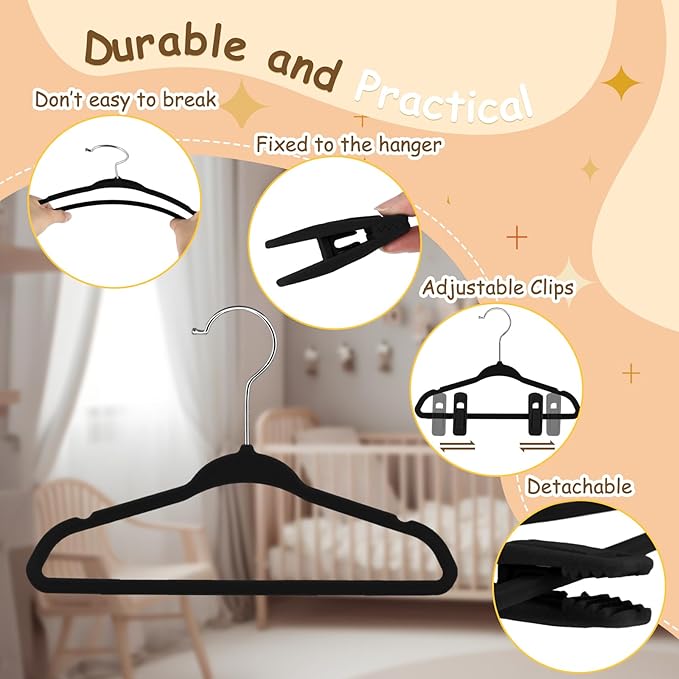 Soaoo 50 Pack Premium Baby Velvet Hangers with Adjustable 100 Clips, Non Slip 11 Inch Slim Kids Closet Organizer for Pants, Dresses & Matching Outfits, Nursery & Toddler Wardrobe (Black)